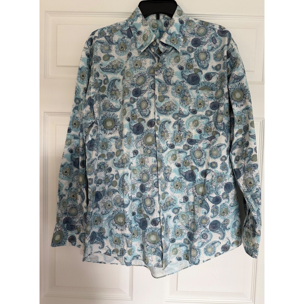 Alan Flusser Mens Blue Sunflower Paisley Cotton Button Down‎ Shirt L Long Sleeve